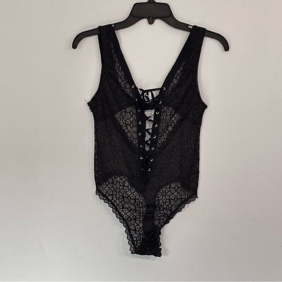 Victorias Secret | Dream Angels Sheer Black Lace Up Thong Teddy Bodysuit Medium - Picture 1 of 16